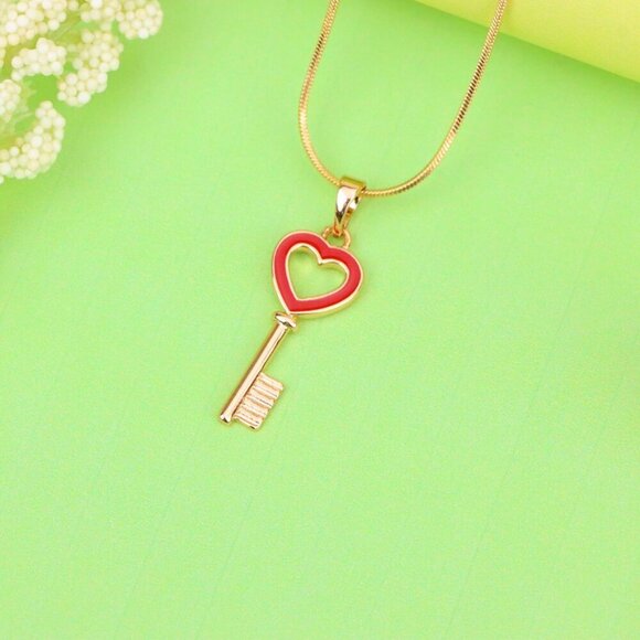 "Heart-Shaped Key Design Rose Gold Pendant with Red Enamel Accent, XPPT1280 - Picture 12 of 12